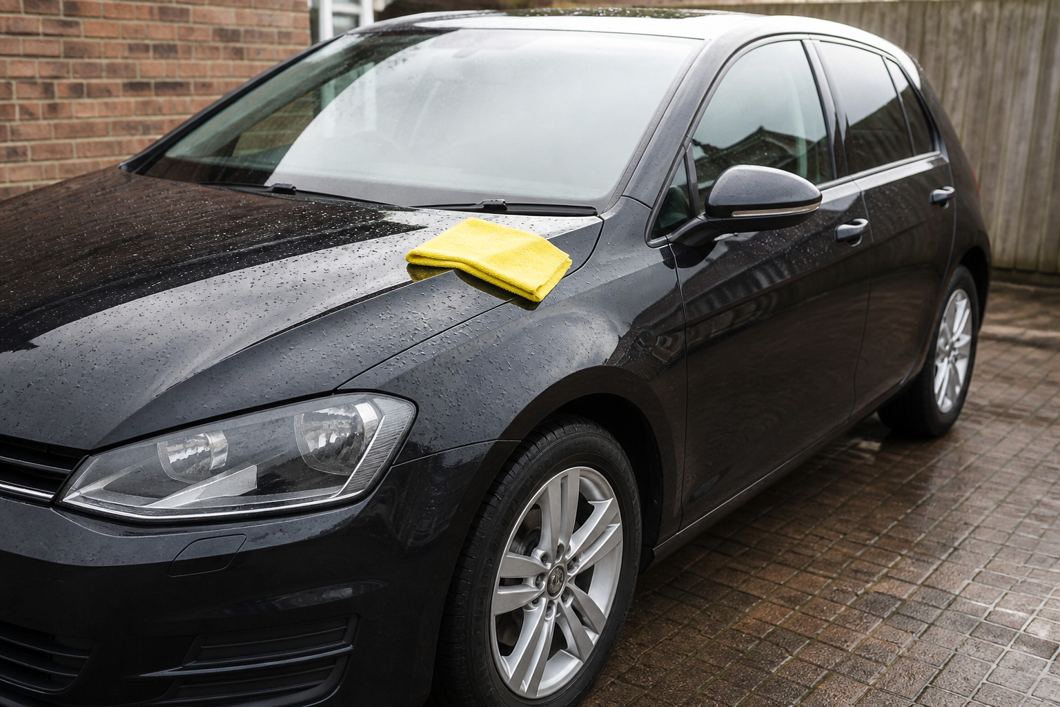 A dark hatchback on a wet driveway after a valet, water beading on the paint