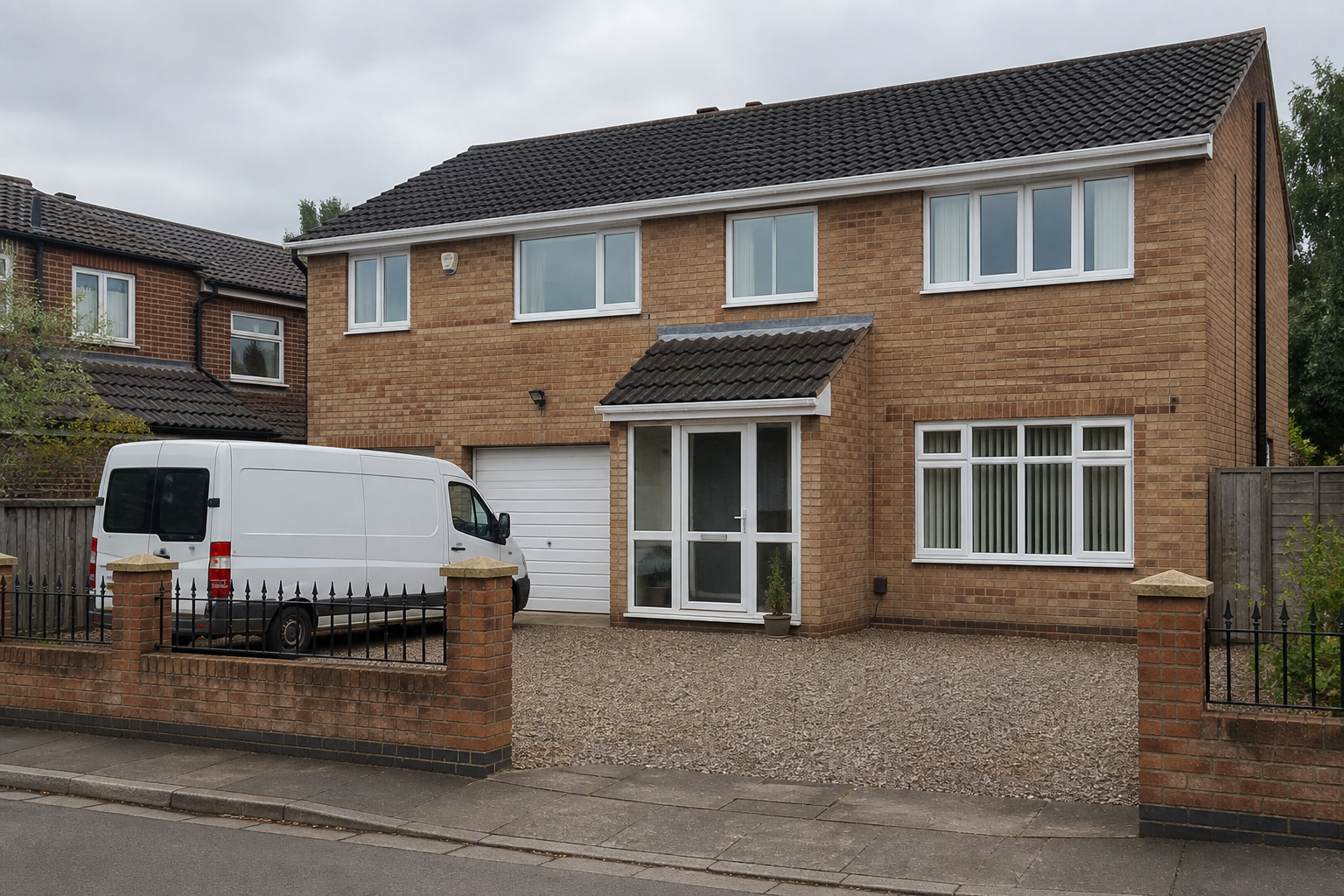 31 Green Lane, Acomb: a buff-brick house with a garage door, a white van on the gravel drive, and no shop fascia or hanging sign