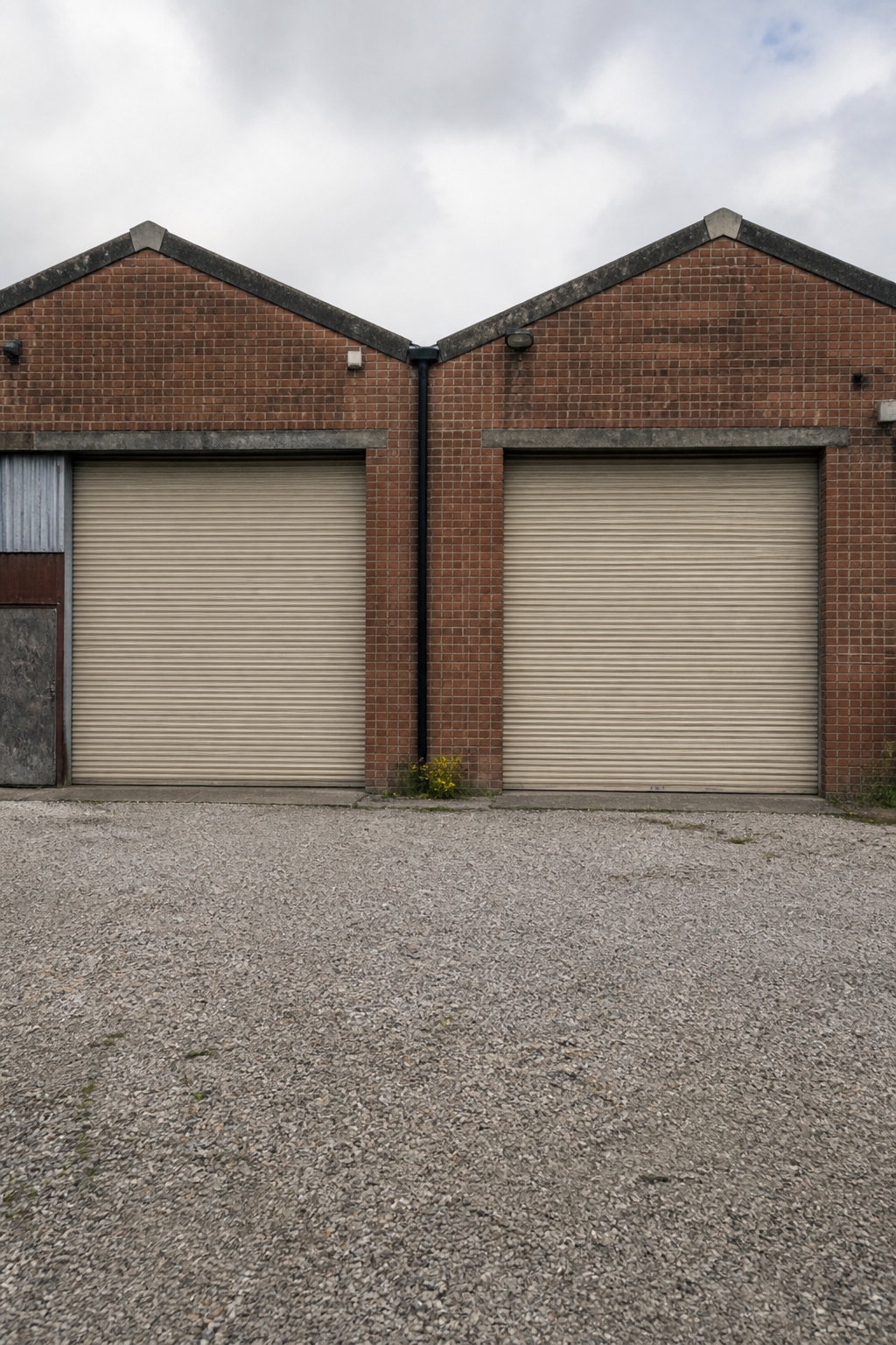 Two low brick industrial units on a British estate, with no readable signs