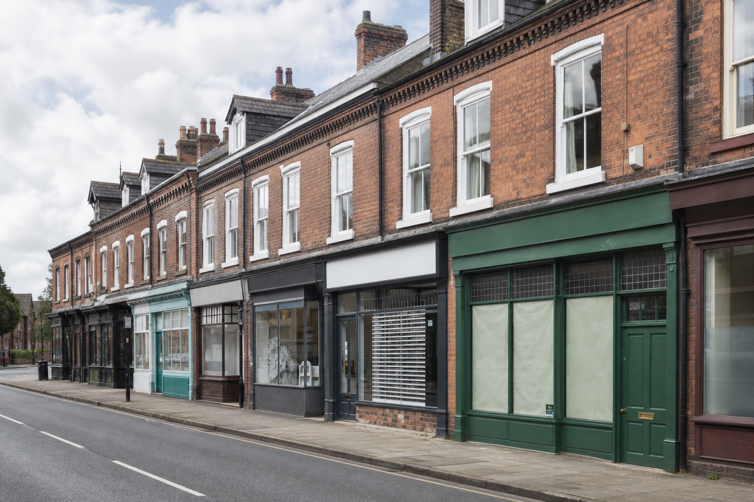 A Victorian brick shopping parade on a York residential street, with no readable signs