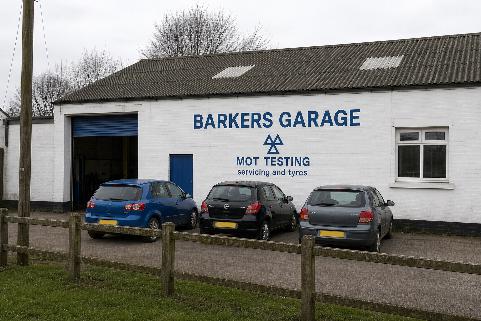 The whitewashed Barkers Garage workshop on Keswick Way, with MOT testing signage