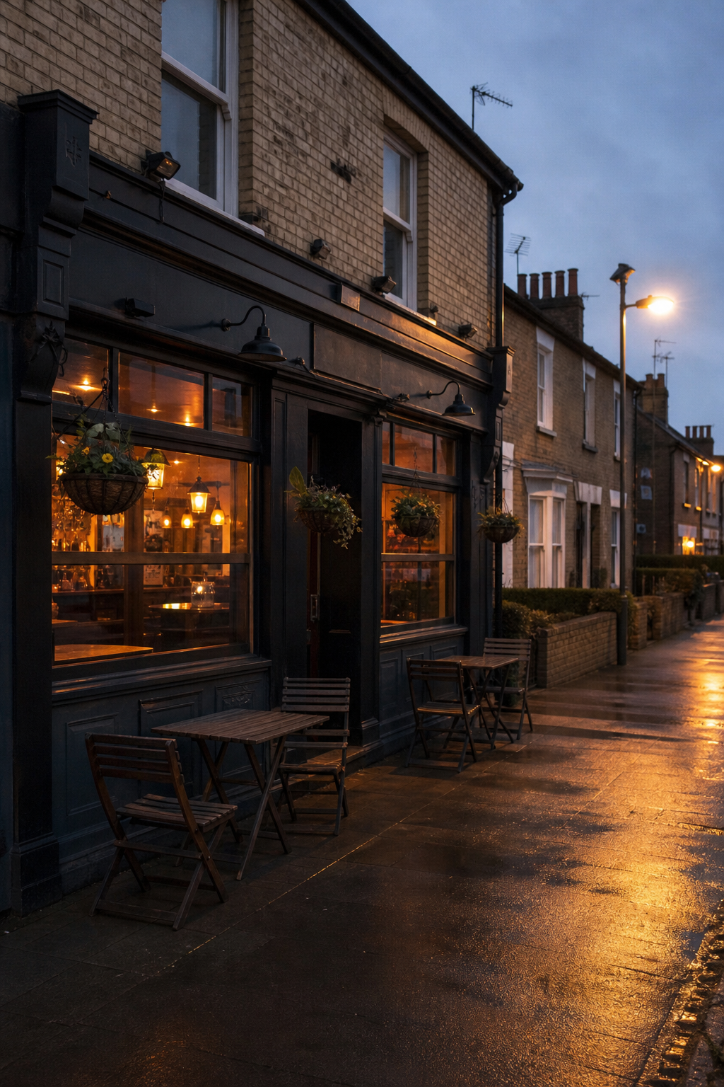 An independent brick bar on a suburban Broadway at dusk, with no readable signs