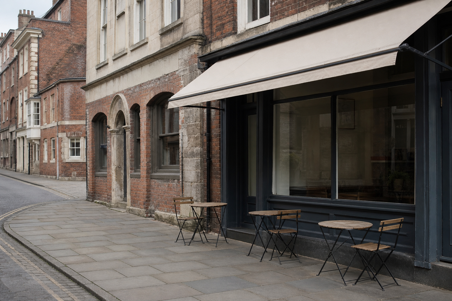 A small independent cafe shopfront on a historic English brick street, with empty pavement tables and no readable shop name