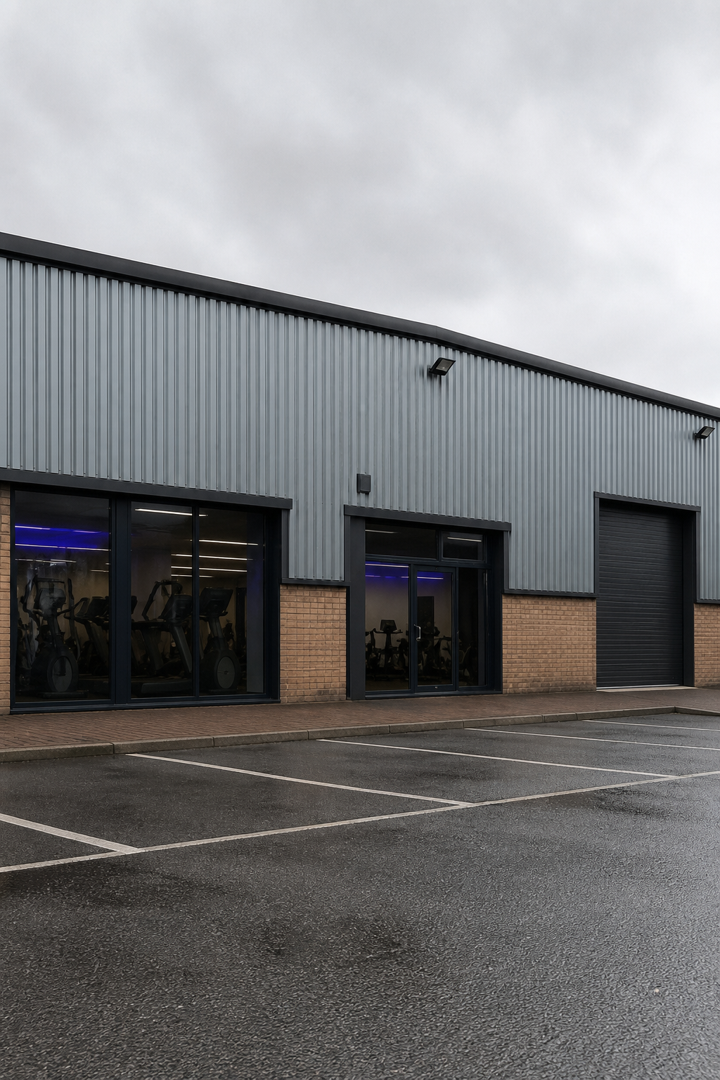 A warehouse gym unit on a British business park, with no readable signs