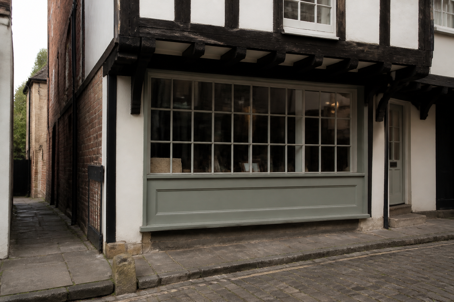 A timber-framed shopfront on a medieval York street, with no readable signs