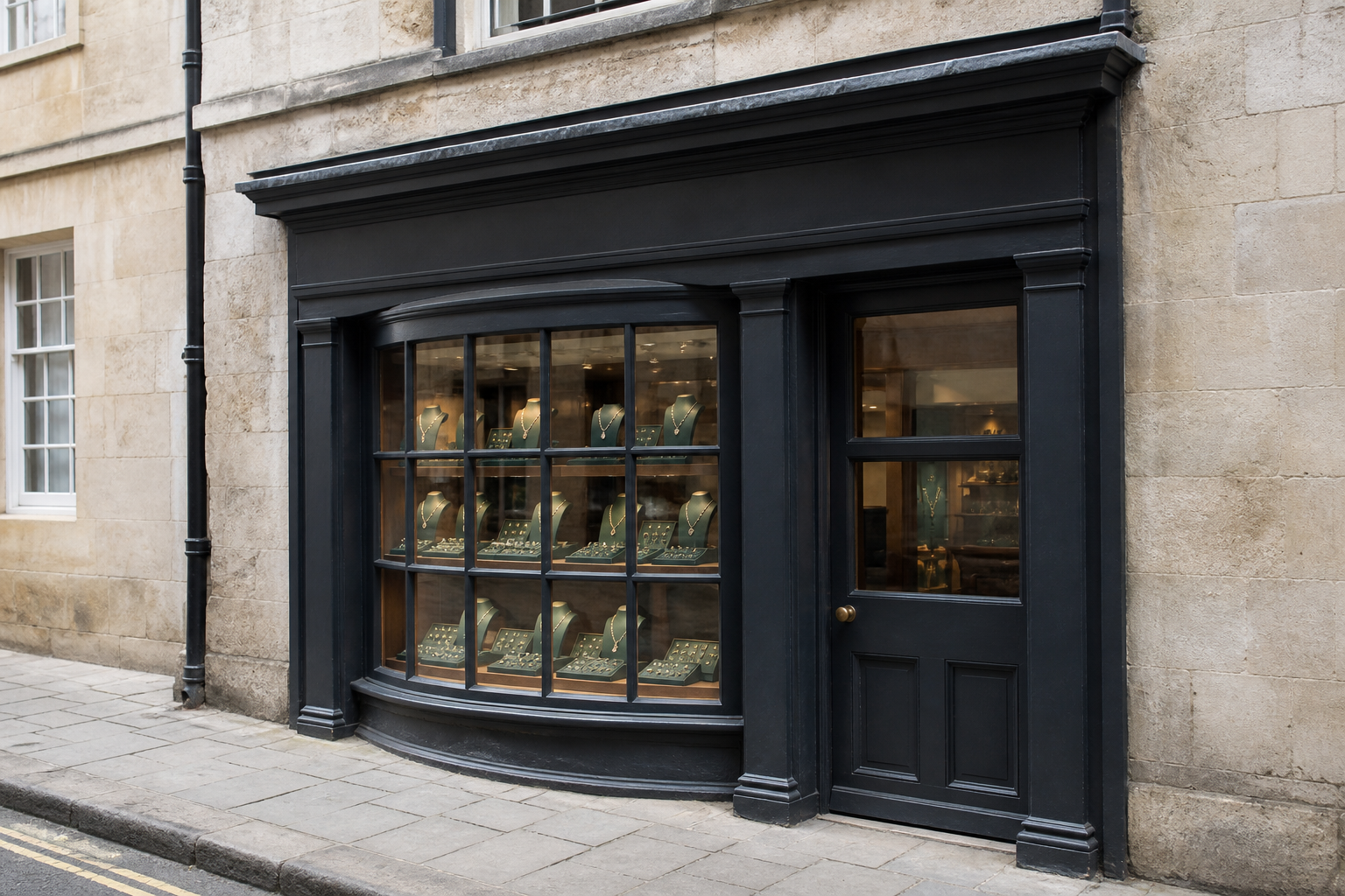 A dark timber jeweller shopfront on a historic English limestone street, with no readable shop name