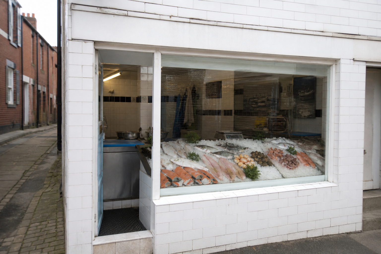 A small independent wet-fish shop on a suburban English brick terrace, with no readable signs