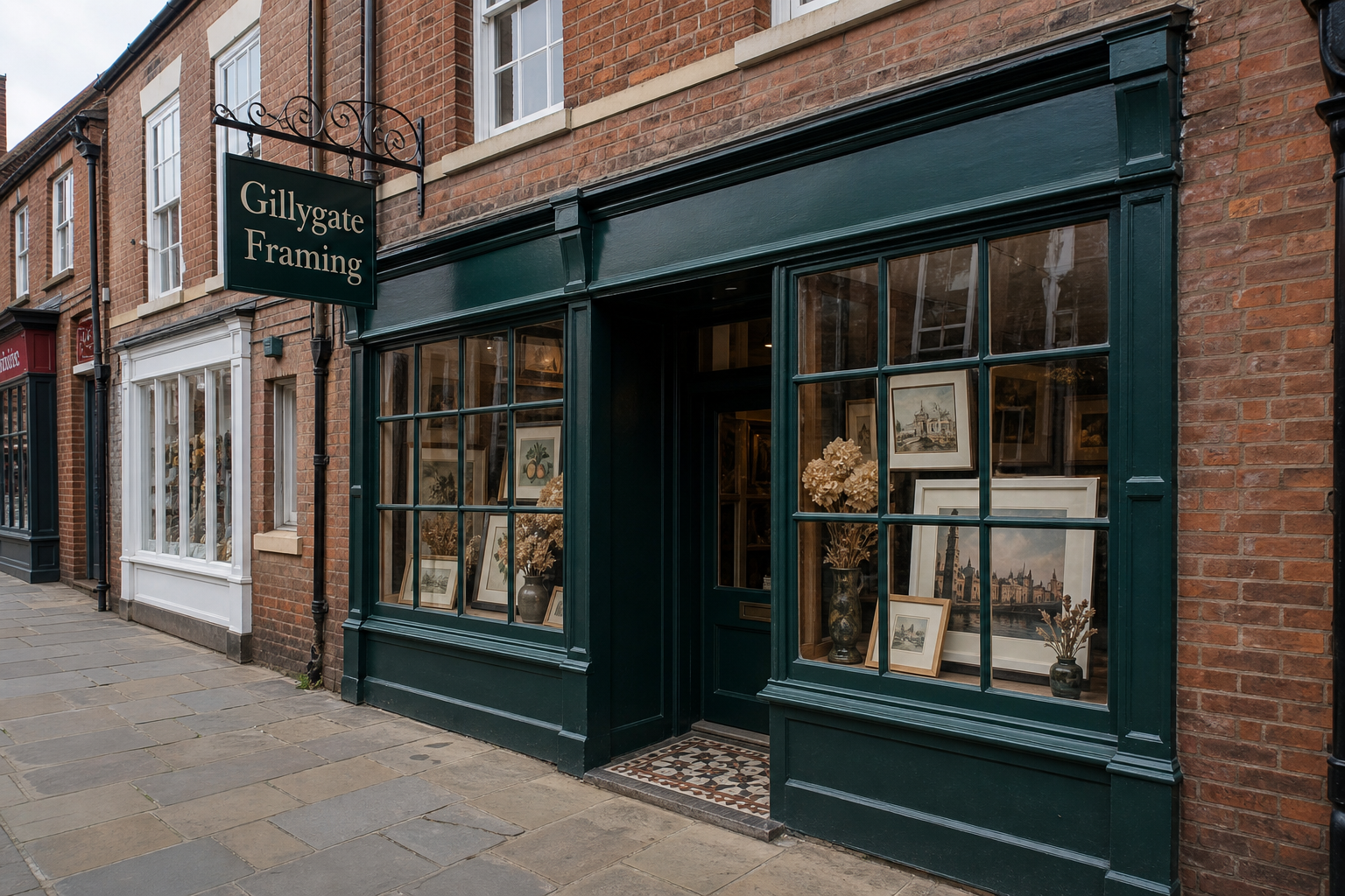 Gillygate Framing at 30–32 Gillygate: Victorian red brick, dark bottle-green timber front and hanging sign