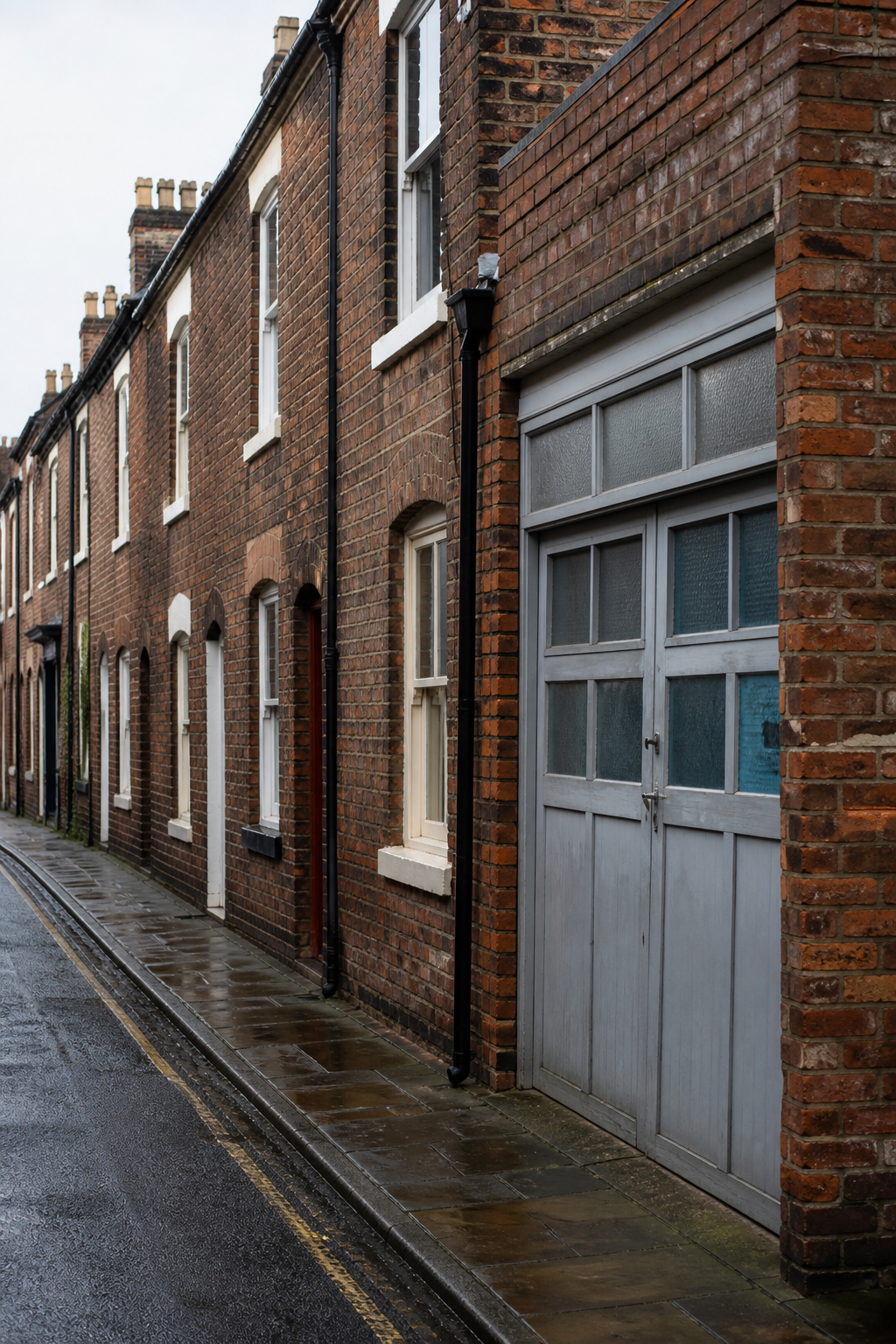 A quiet English brick terrace street with a discreet workshop door, with no readable signs