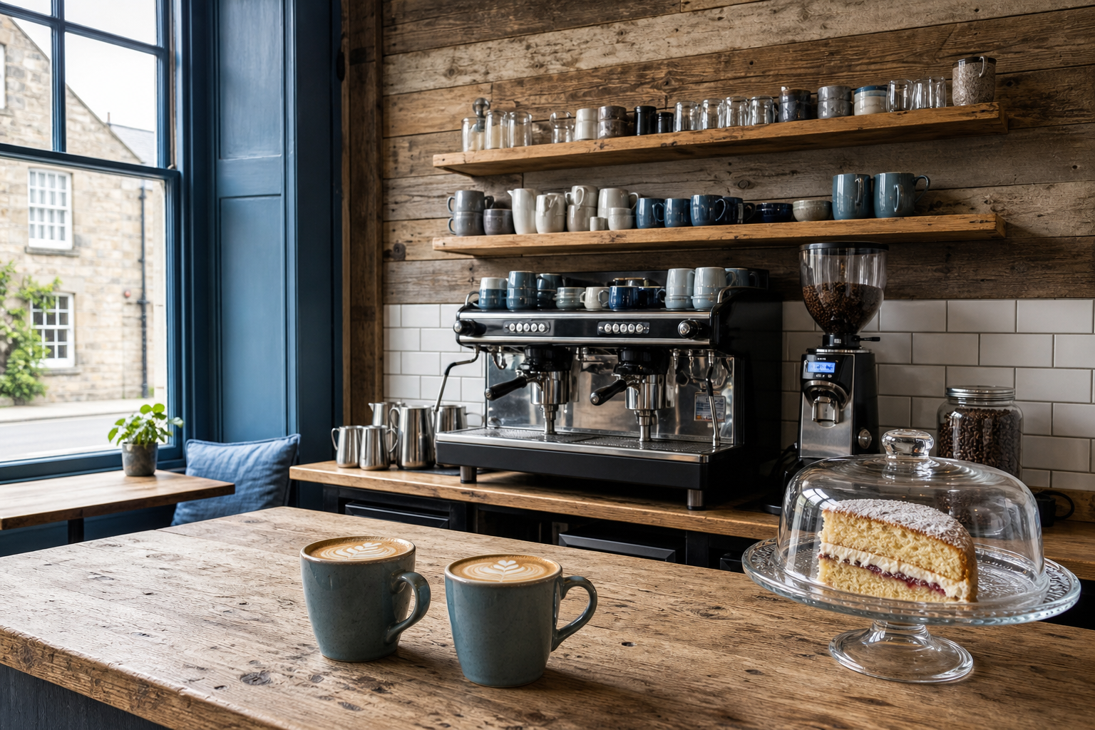 Coffee on a wooden cafe counter, espresso machine behind