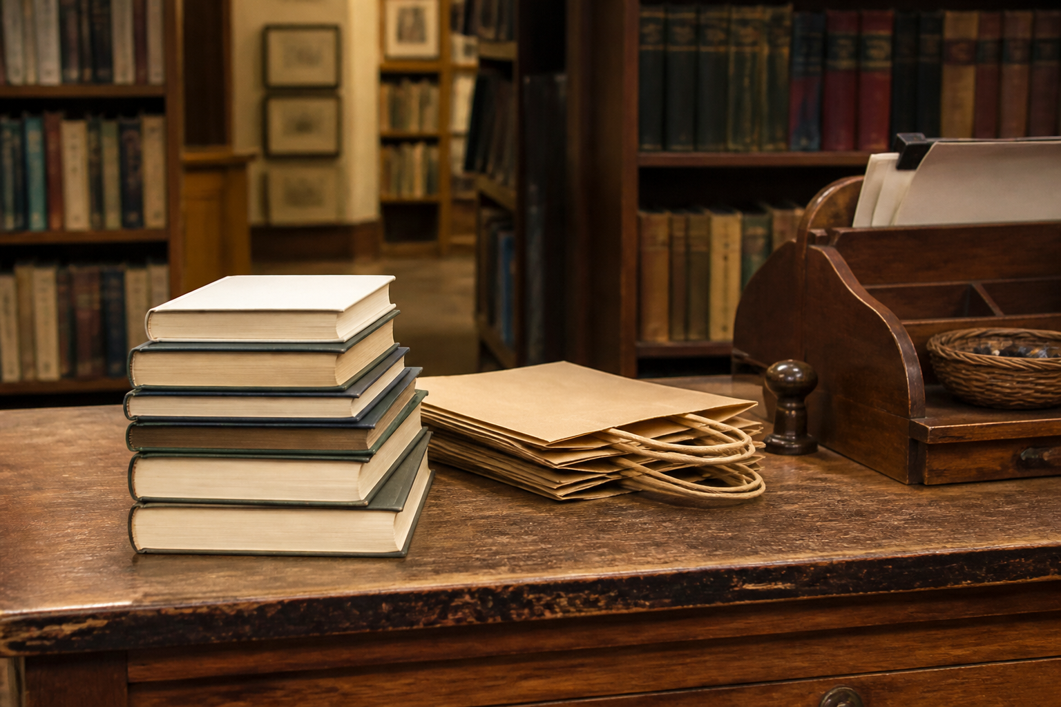 A bookshop counter with unmarked books and paper bags, with no prices