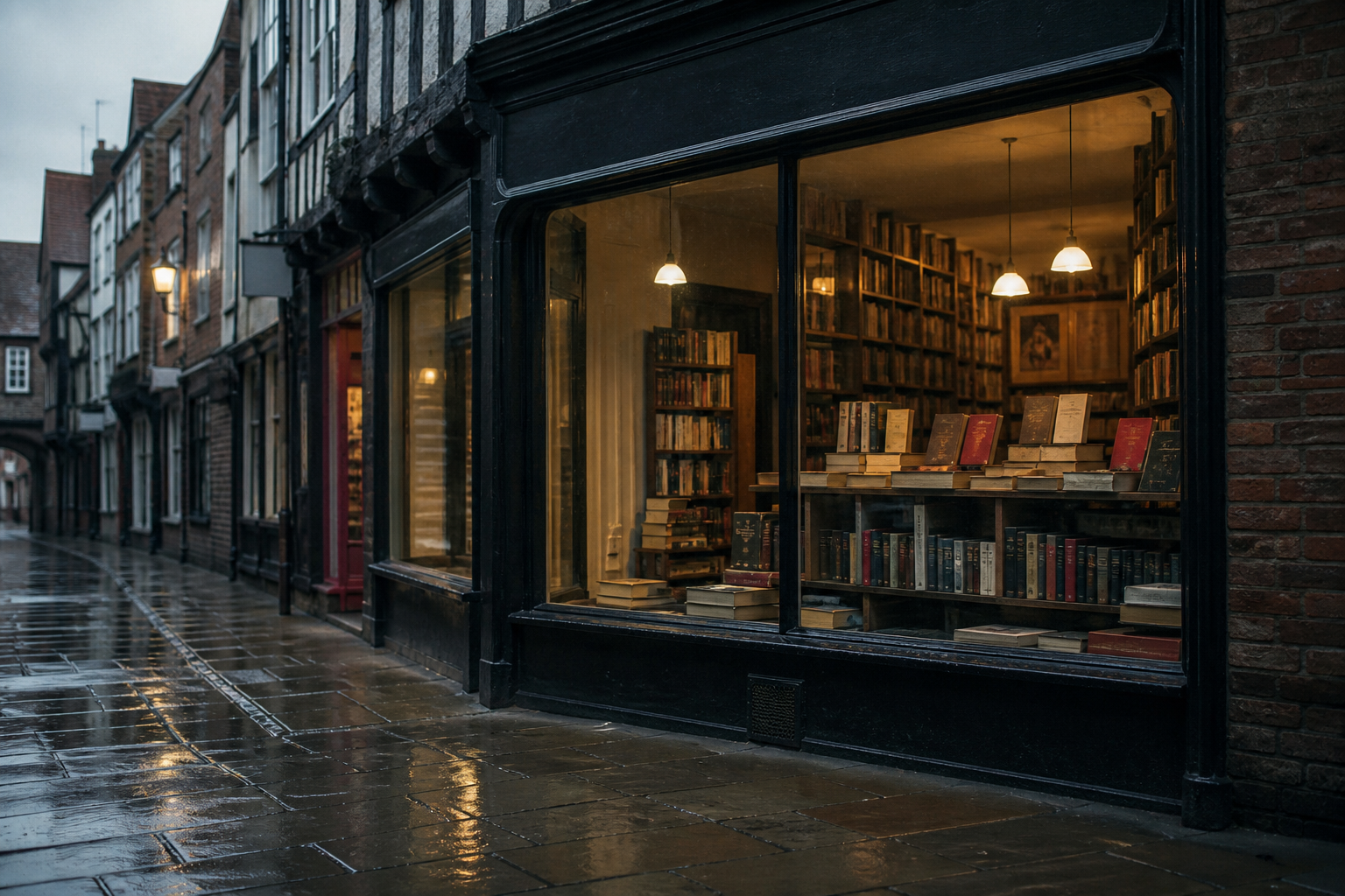 A small independent bookshop shopfront on a medieval English street, with no readable signs