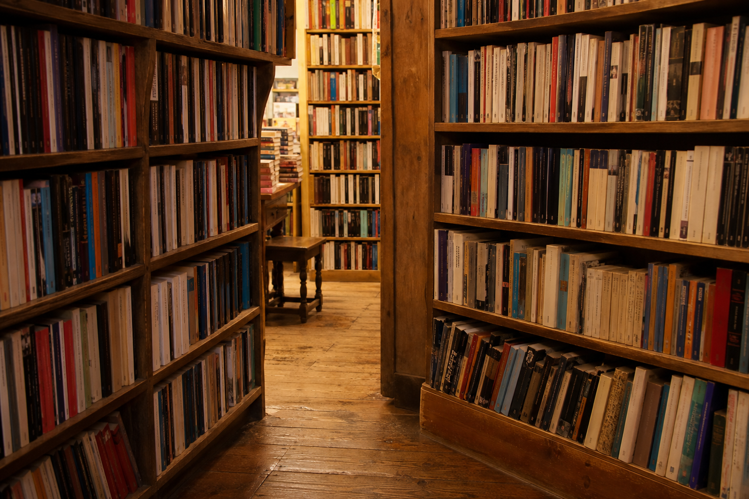 Wooden bookshelves in a small British bookshop, with no readable titles and no price tickets