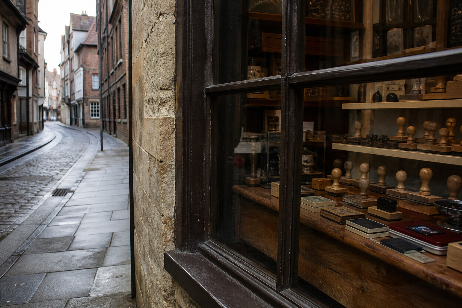 A historic English shop window of wooden-handled rubber stamps and ink pads, with no readable shop name