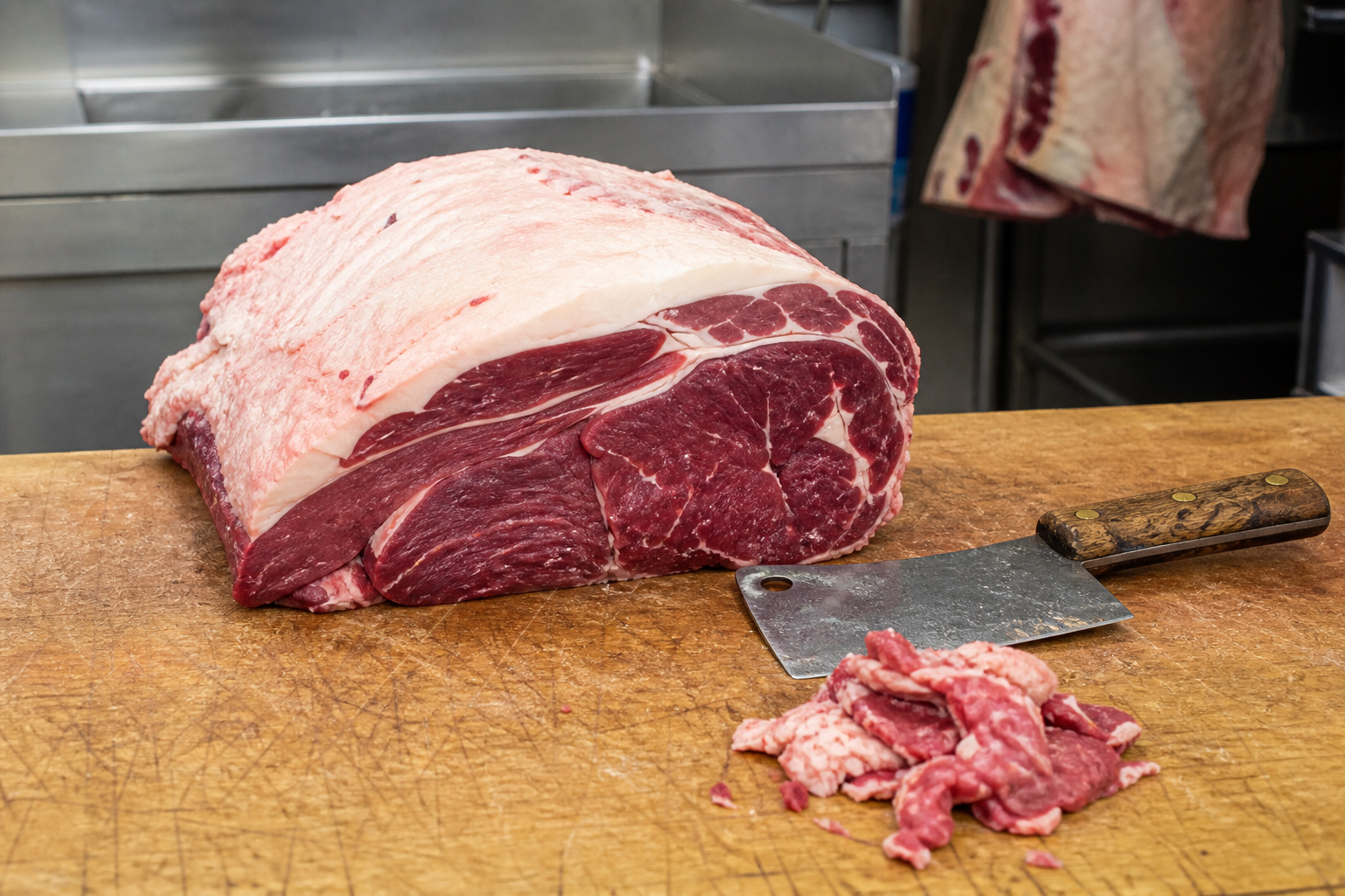 A roasting joint and cleaver on a scored butcher block