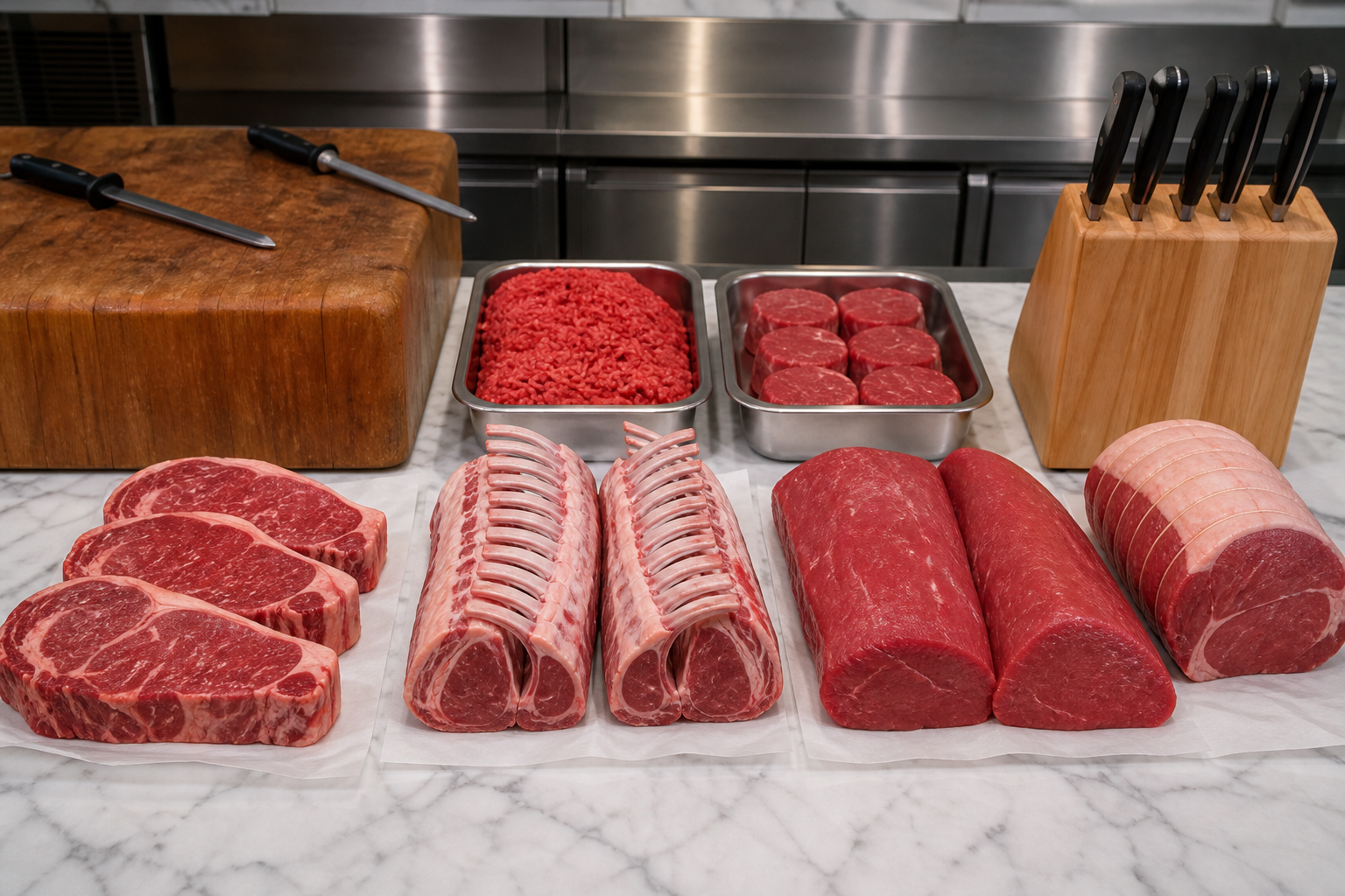 Fresh meat arranged on a marble butcher counter