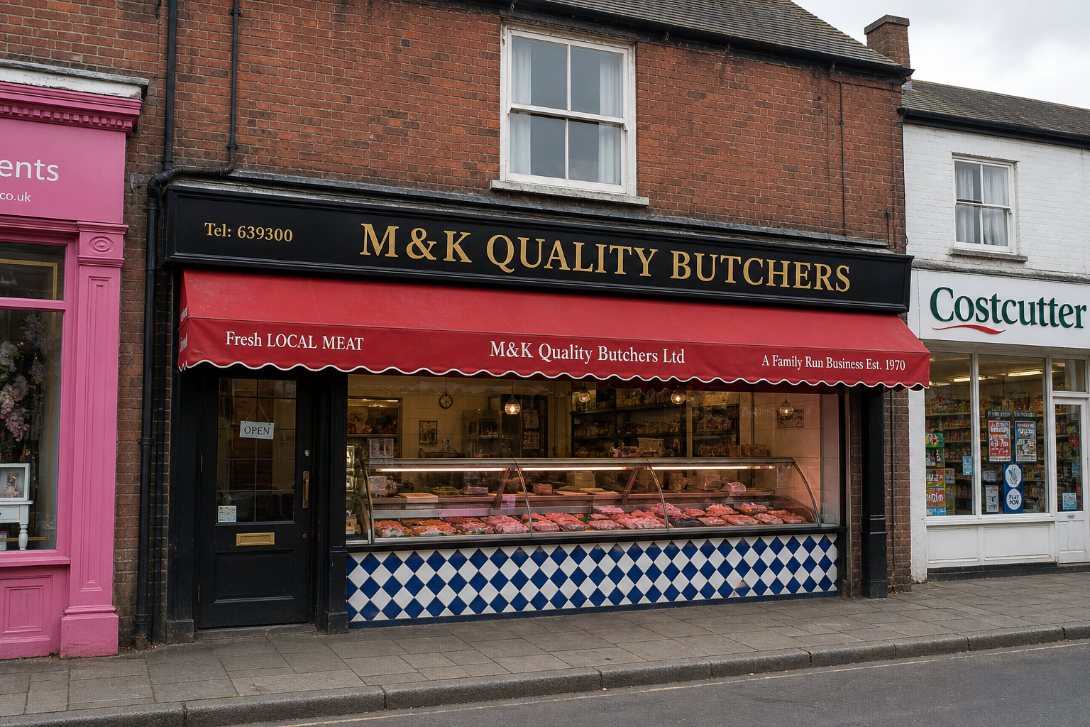 M&K Quality Butchers on Bishopthorpe Road, red awning and black and gold fascia