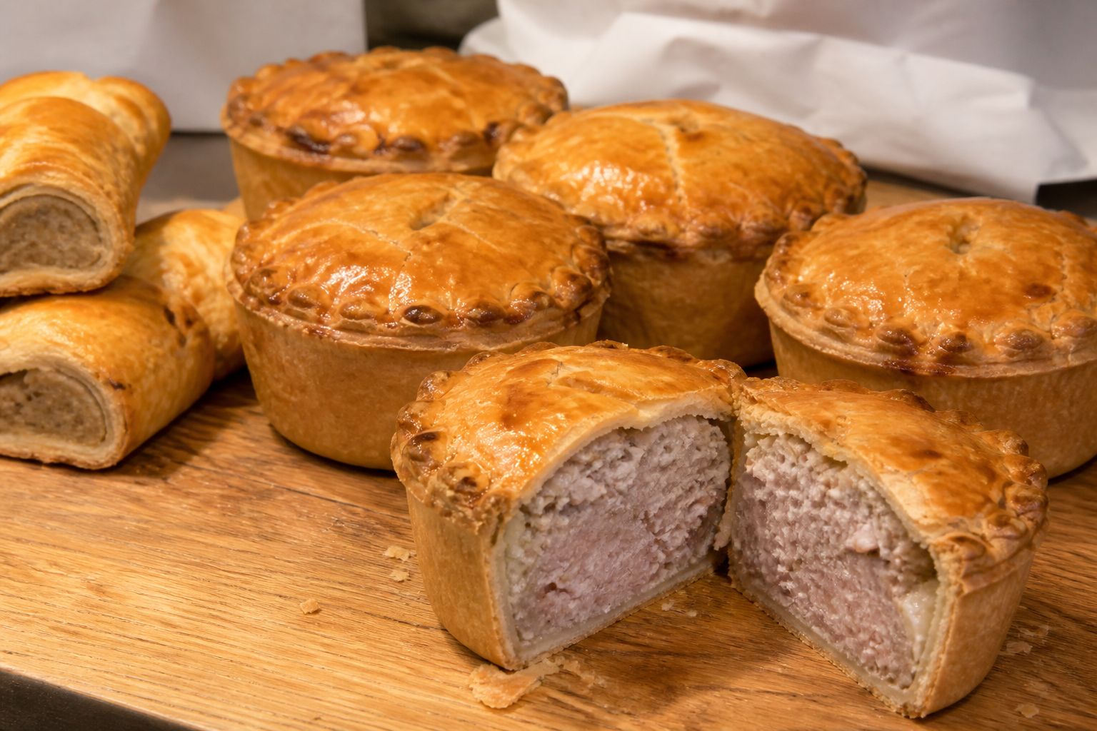 Golden meat pies on a board, one cut open