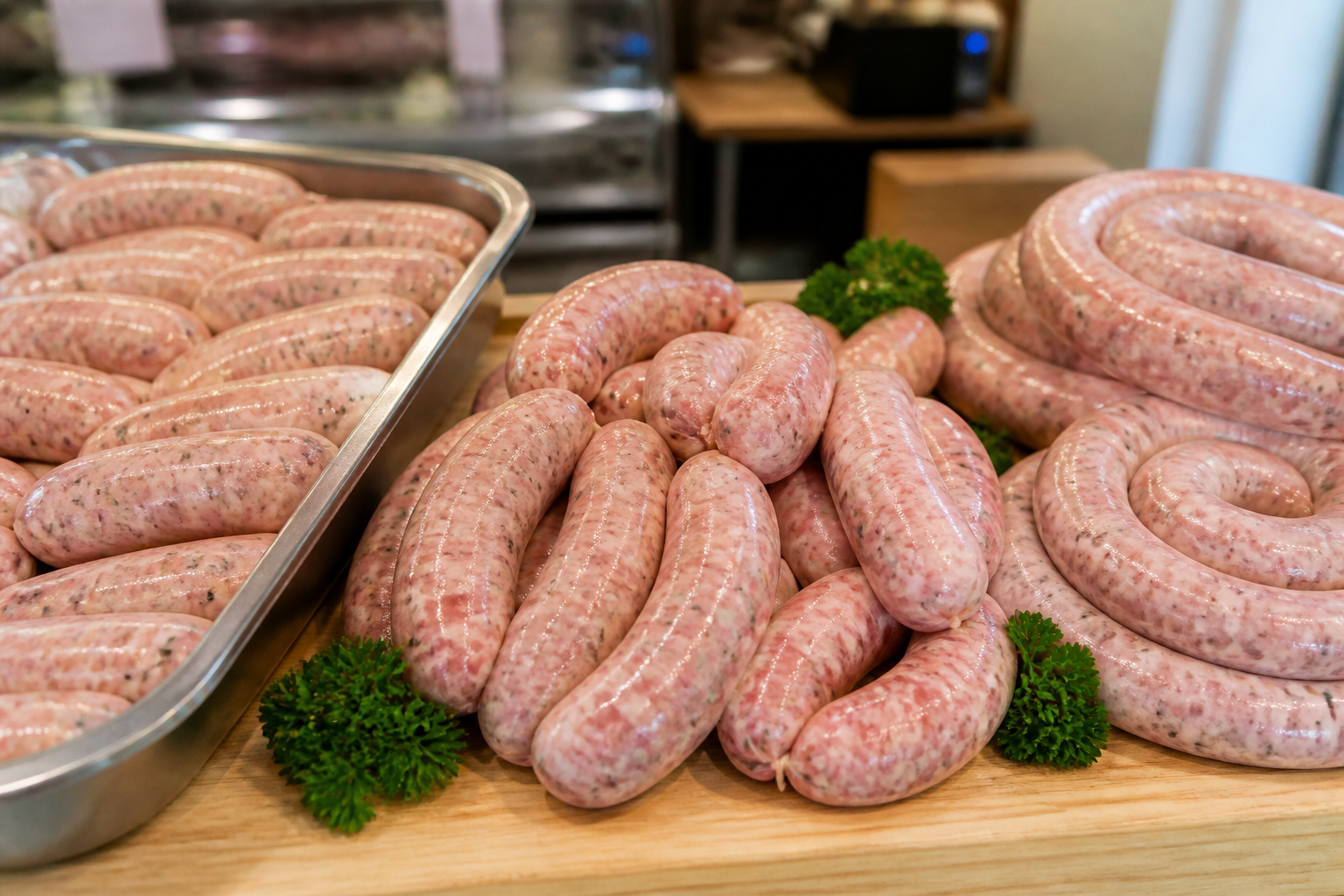 Coiled and linked sausages on a wooden board