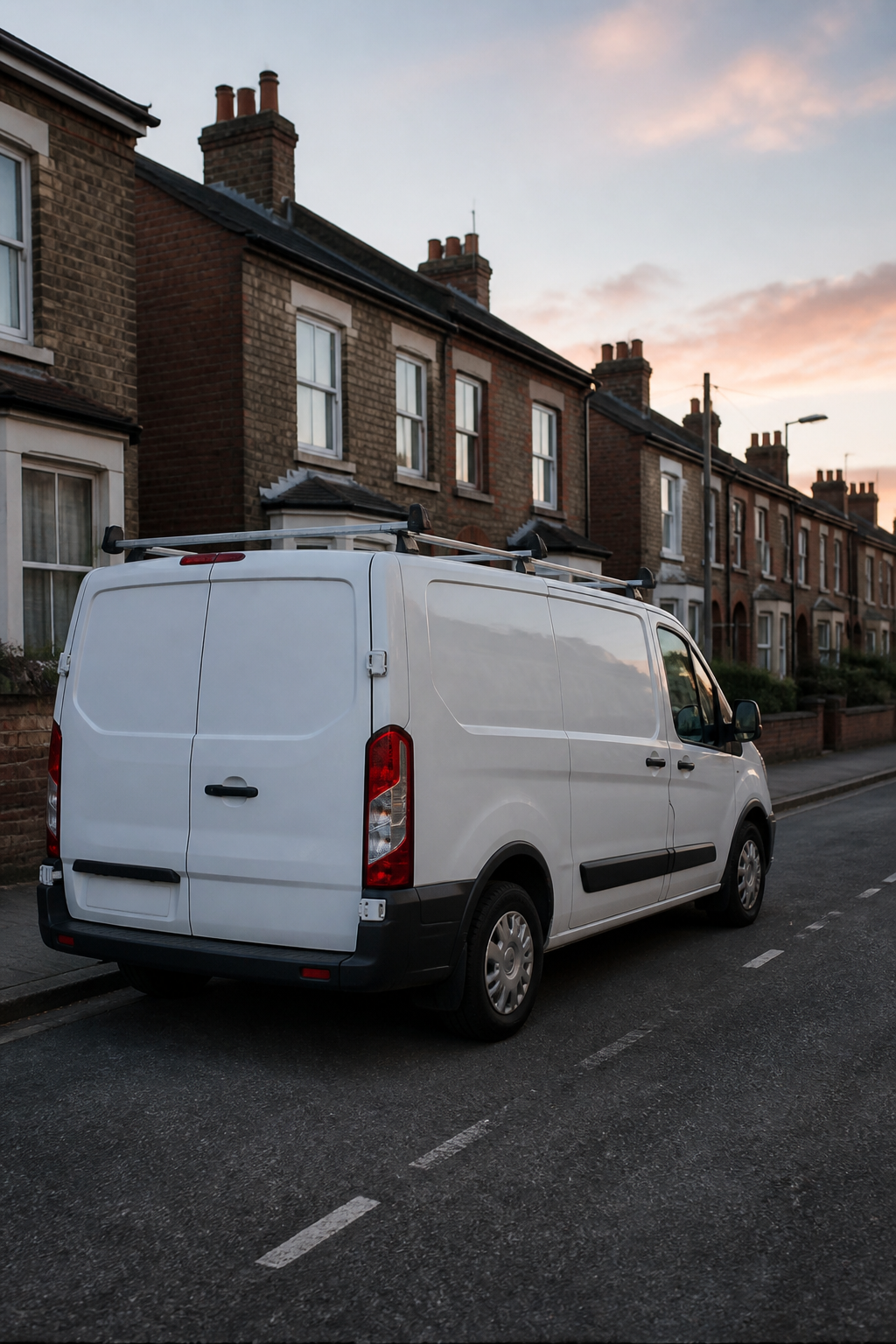 An unmarked white plumber van on a quiet English street, with no logos