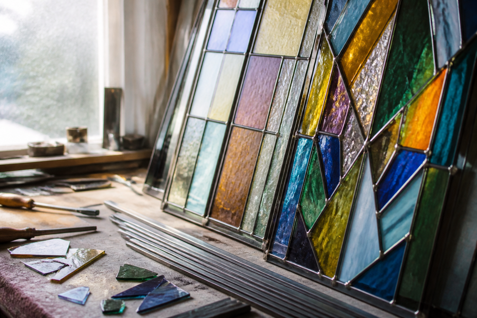 Coloured stained-glass panels on a workshop bench, with no signatures and no logos
