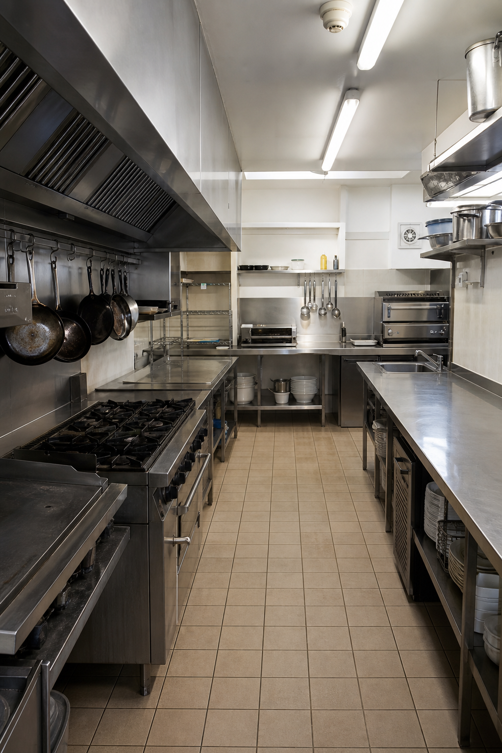 An empty British catering kitchen with stainless benches, with no logos and no menus