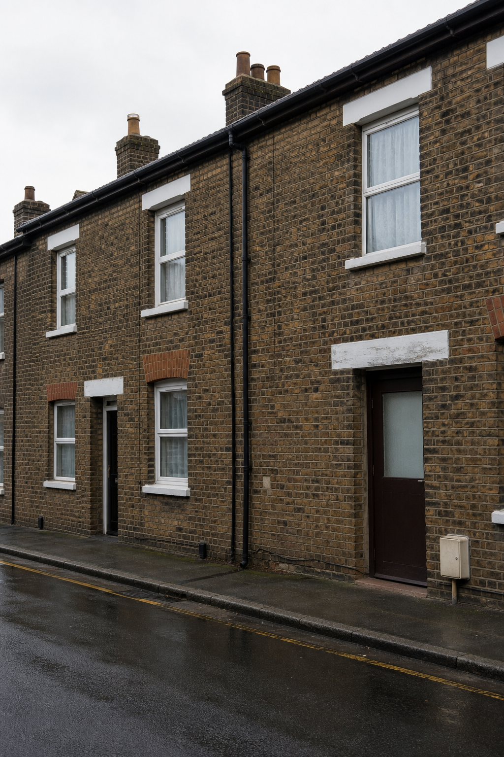 A quiet English brick terrace street with a discreet side door, with no readable signs