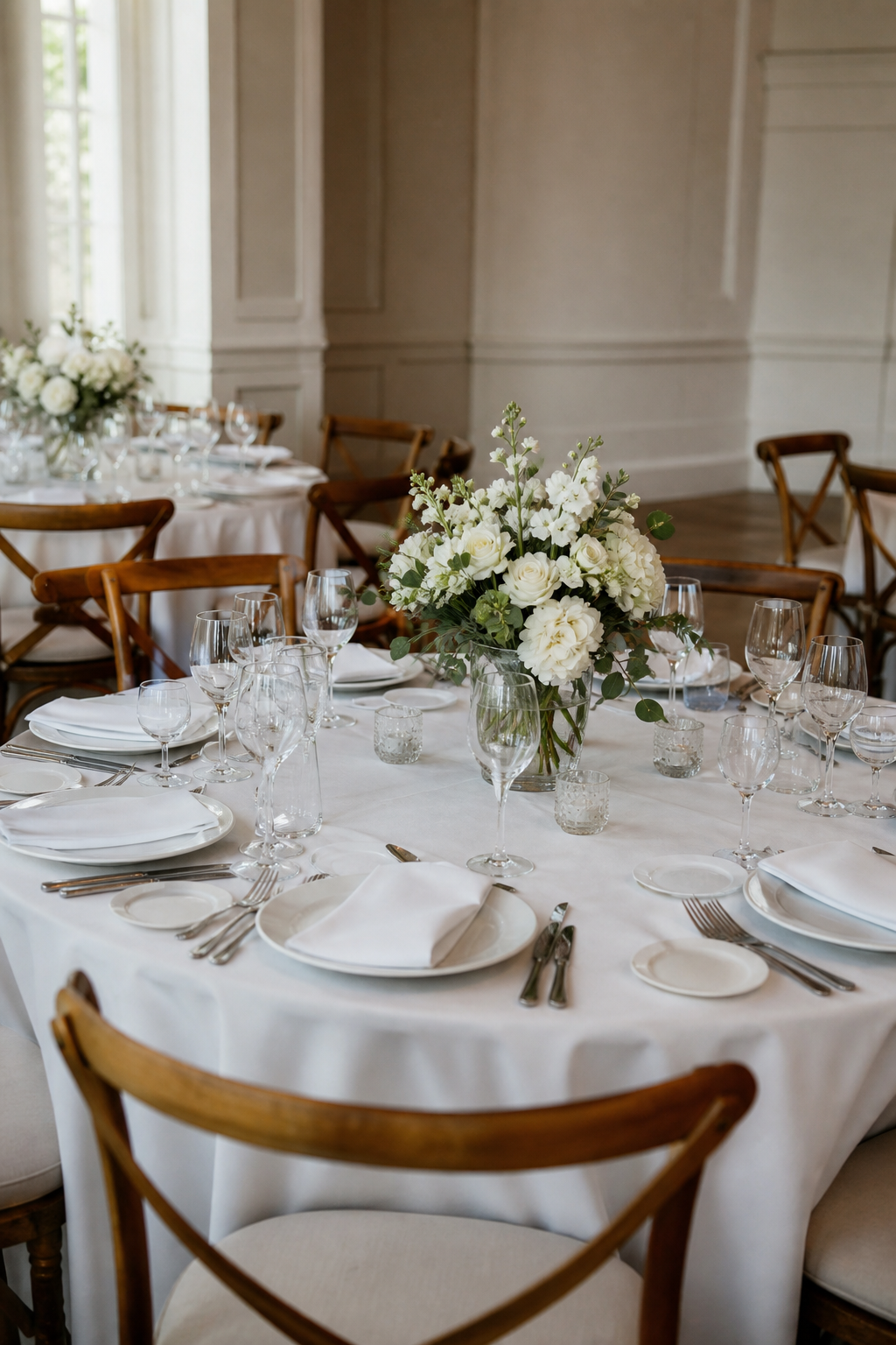 An empty dressed event table with unmarked crockery, with no prices