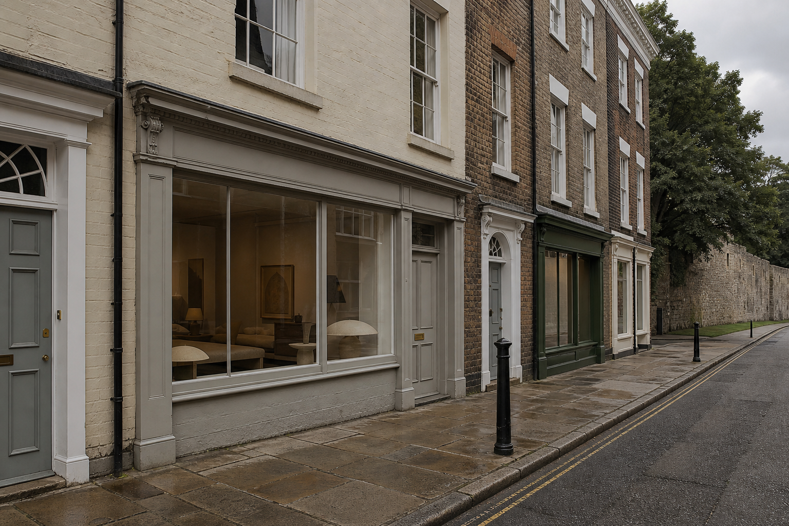A York terrace shopfront on a wide Georgian street, with no readable signs