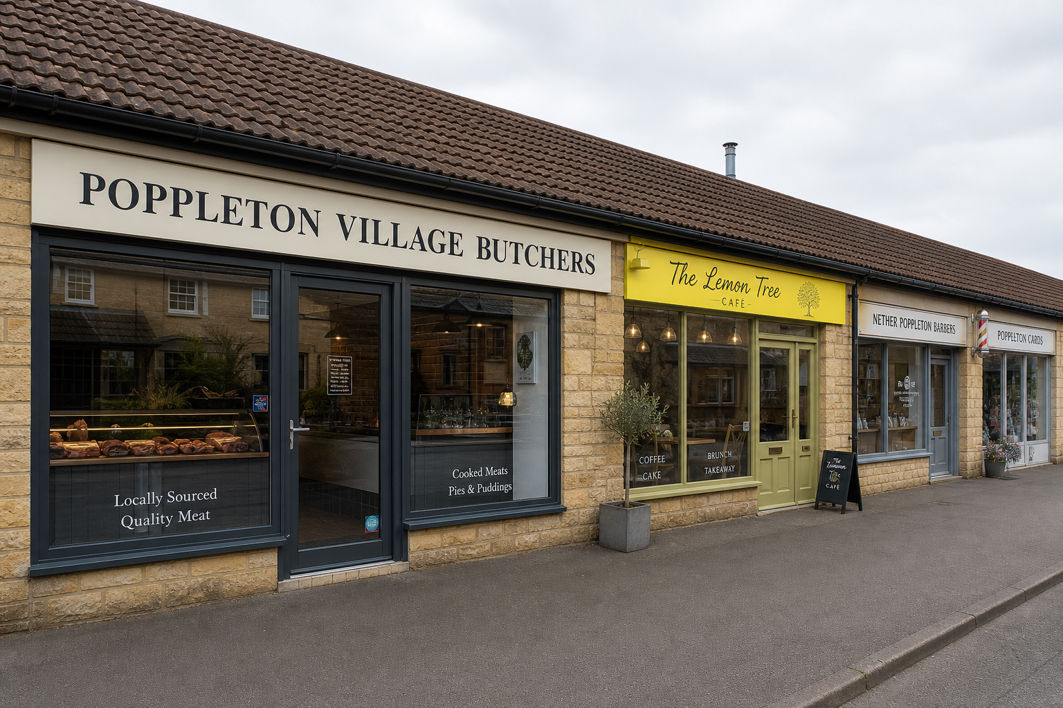 Poppleton Village Butchers on Allerton Drive: stone parade, brown pantile roof, pale fascia and dark glazed shopfront, The Lemon Tree next door