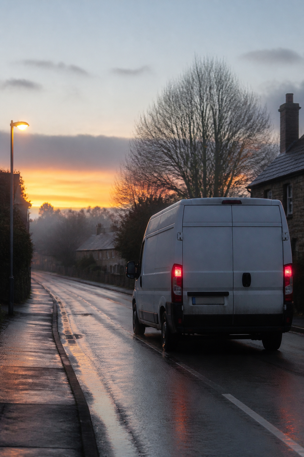 An unmarked white panel van on a wet English road at dawn, with no logos