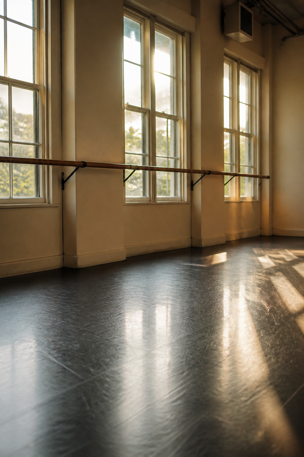 An empty sprung dance-studio floor with a wooden barre, with no people