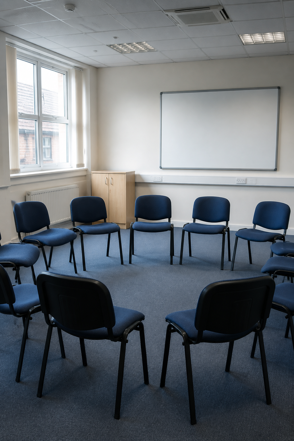 An empty British training room with a whiteboard and unmarked chairs, with no people
