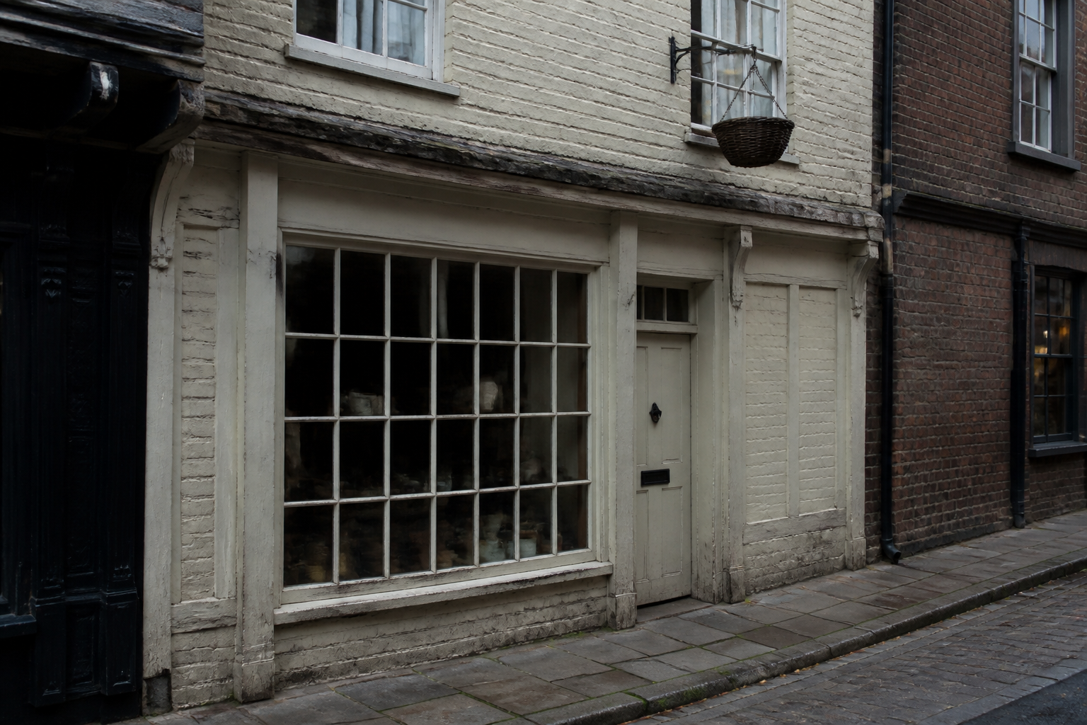 A historic York shopfront on a medieval city street, with no readable signs