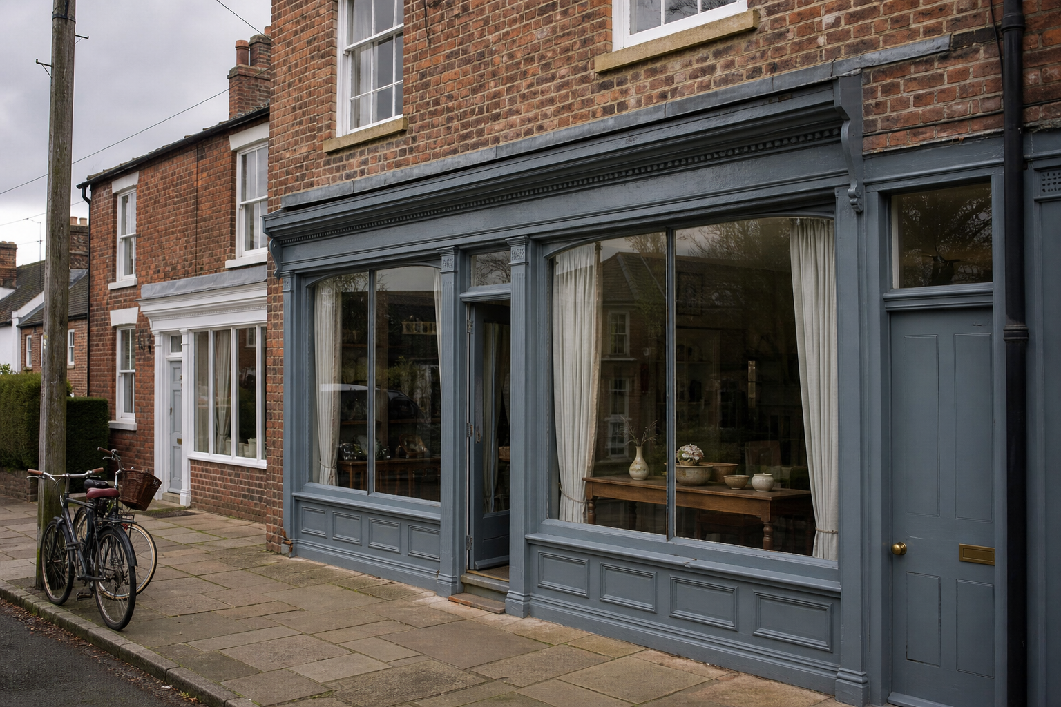 An independent brick shopfront on an English village high street, with no readable signs