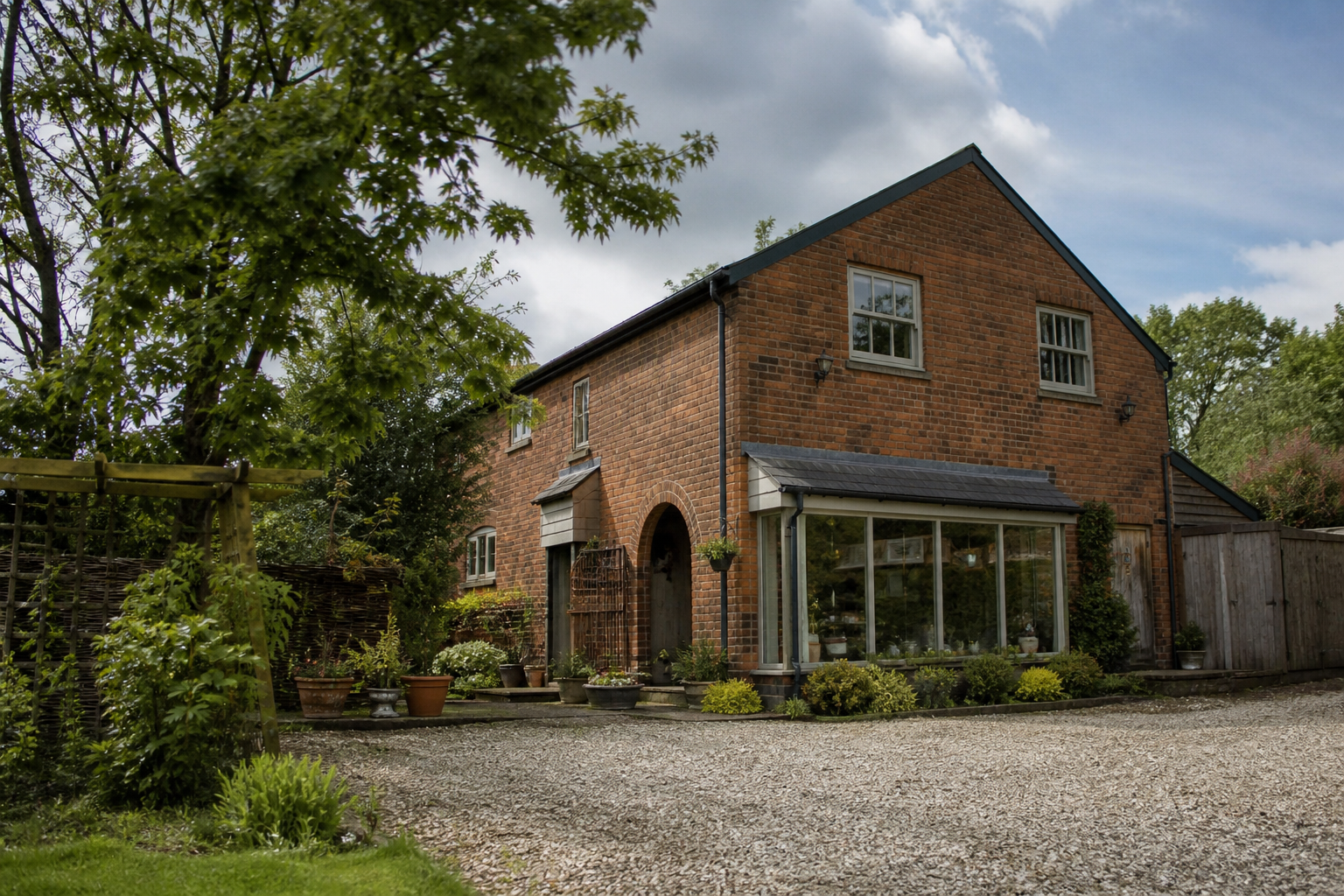 A brick lodge house used as a craft shop in a Yorkshire garden, with no readable signs