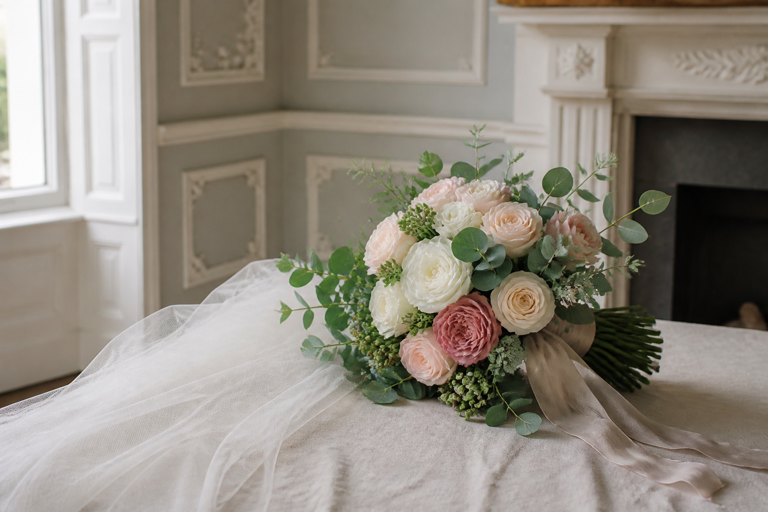 A white and blush bridal bouquet on linen, with no people and no venue name
