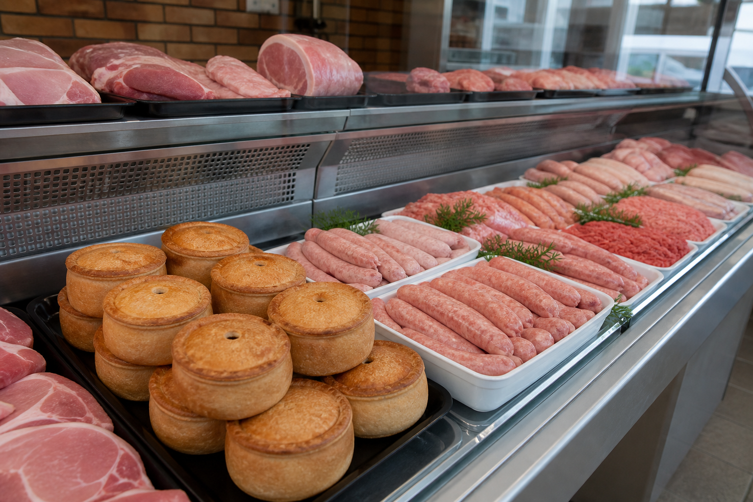 A butcher counter of pies, sausages and mince against a brick wall