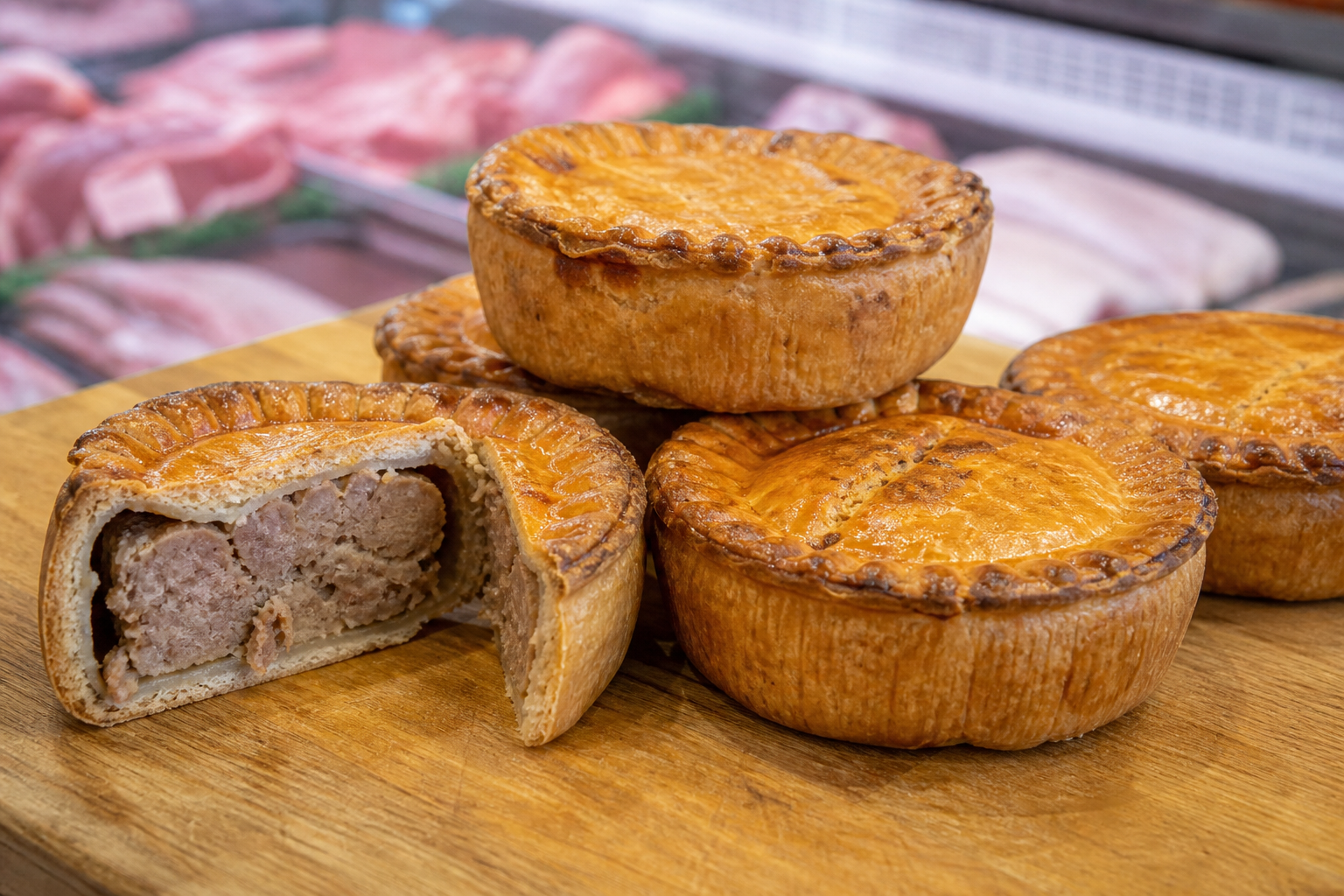 Golden meat pies on a wooden board, one cut open