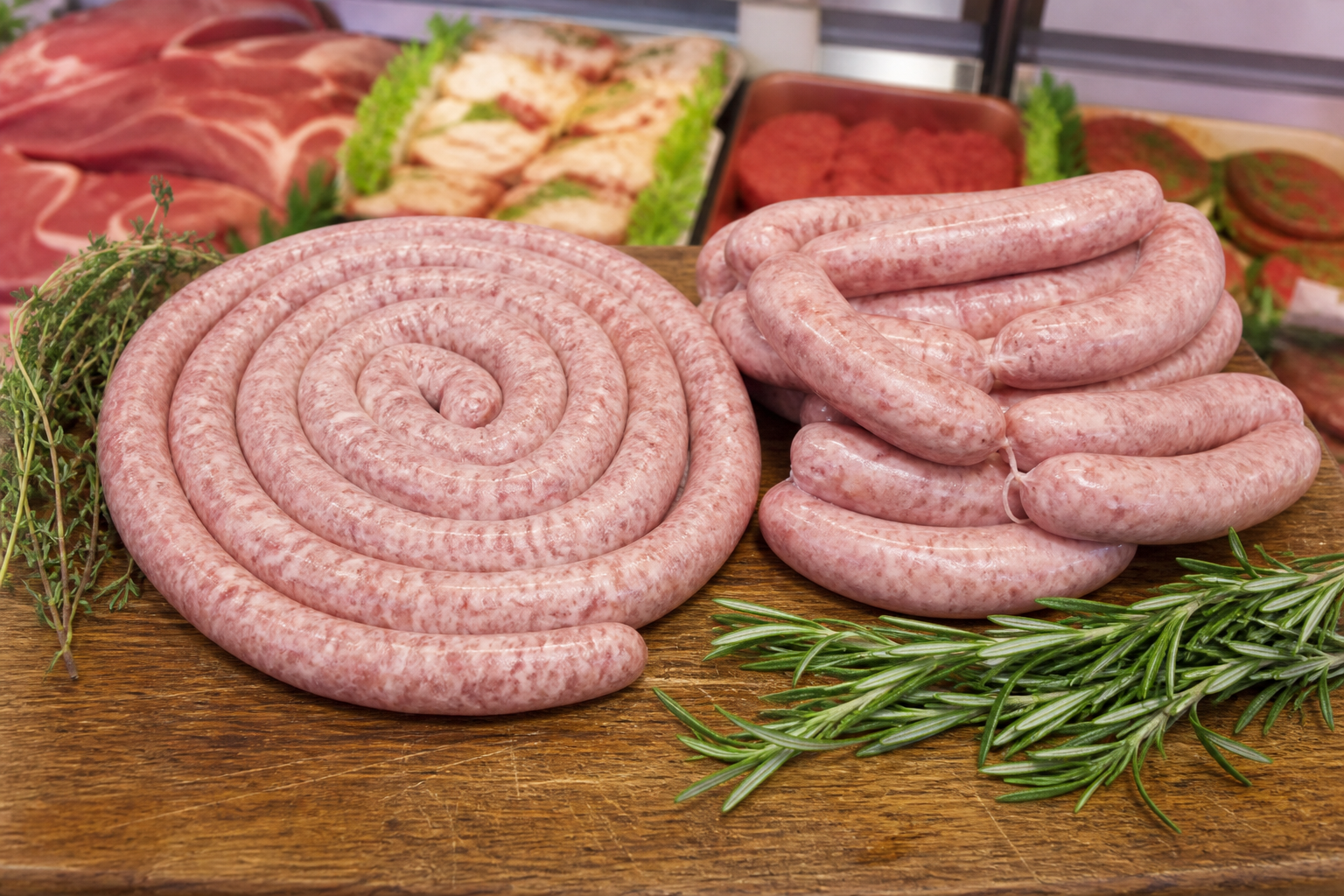 Coiled sausages on a wooden butcher board