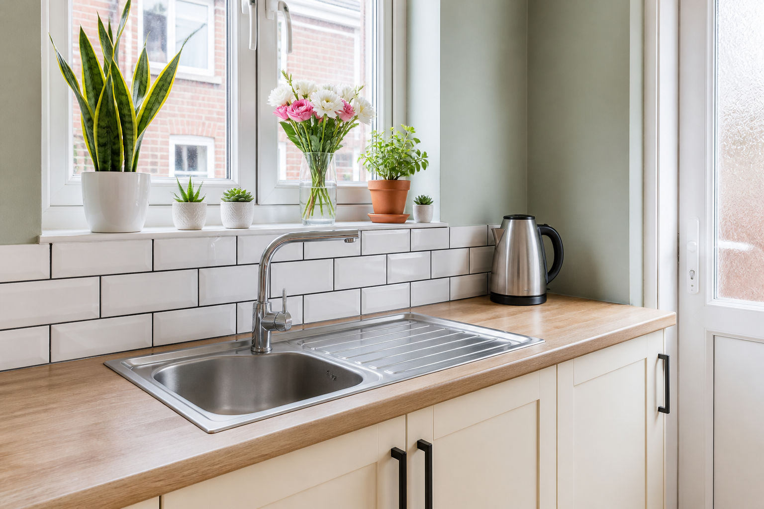 A clean domestic kitchen sink, worktop and window plants after a thorough clean