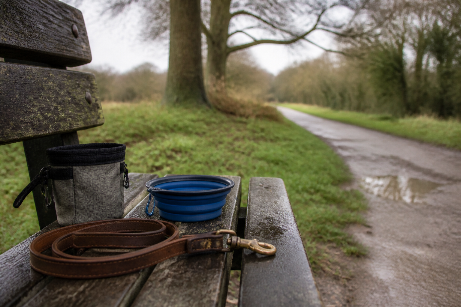 A leather dog lead and a collapsible bowl on a park bench beside an empty path