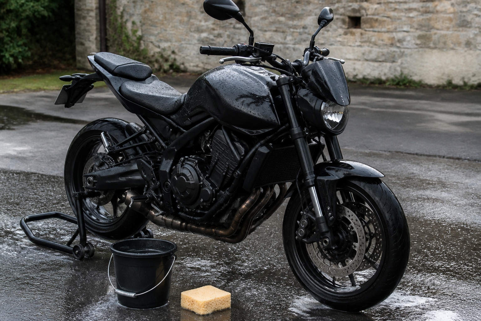 A motorcycle on a stand after a wash, a bucket and sponge beside the wheel