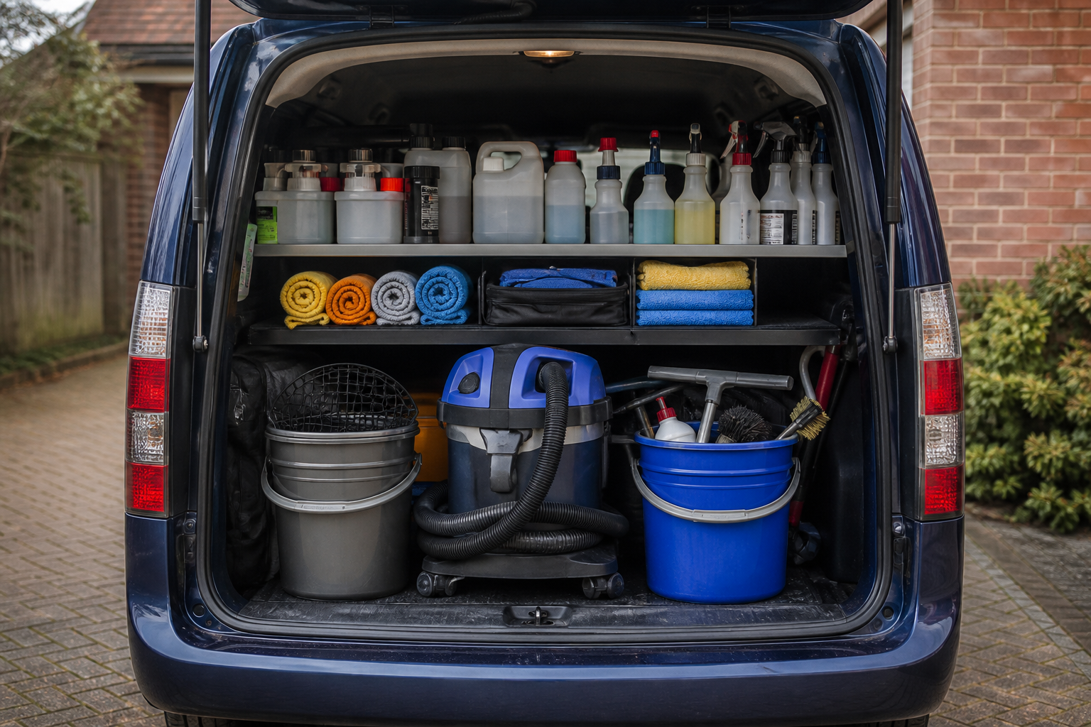 Mobile valeting kit in an open van boot: buckets, towels and a portable vacuum