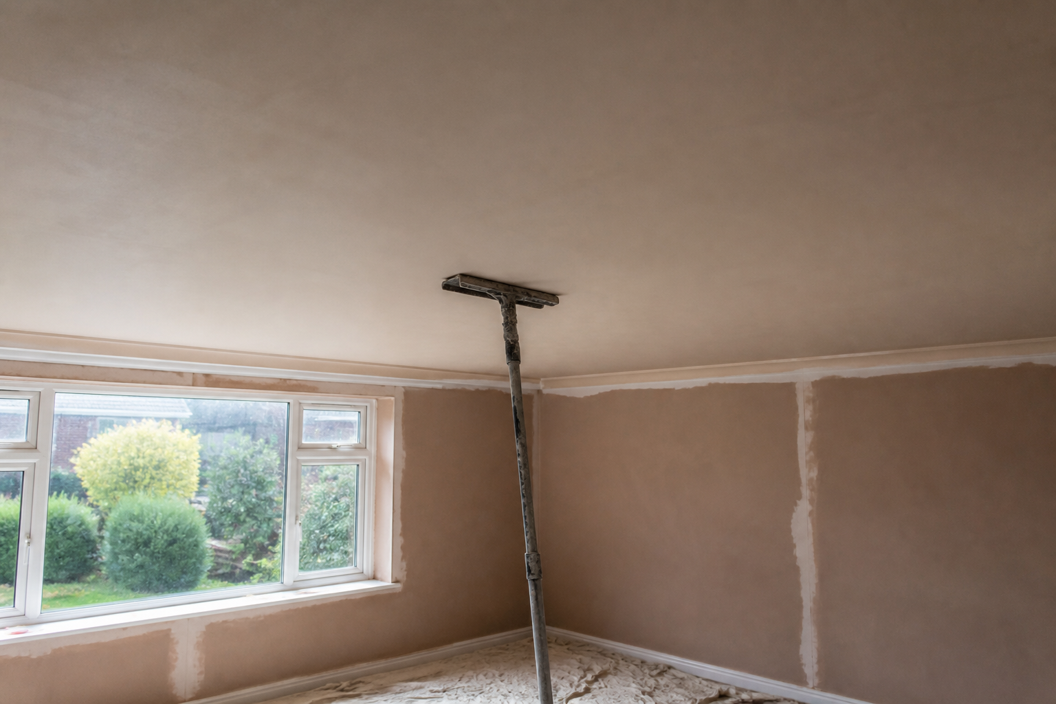 A newly plastered ceiling with a float on a hop-up