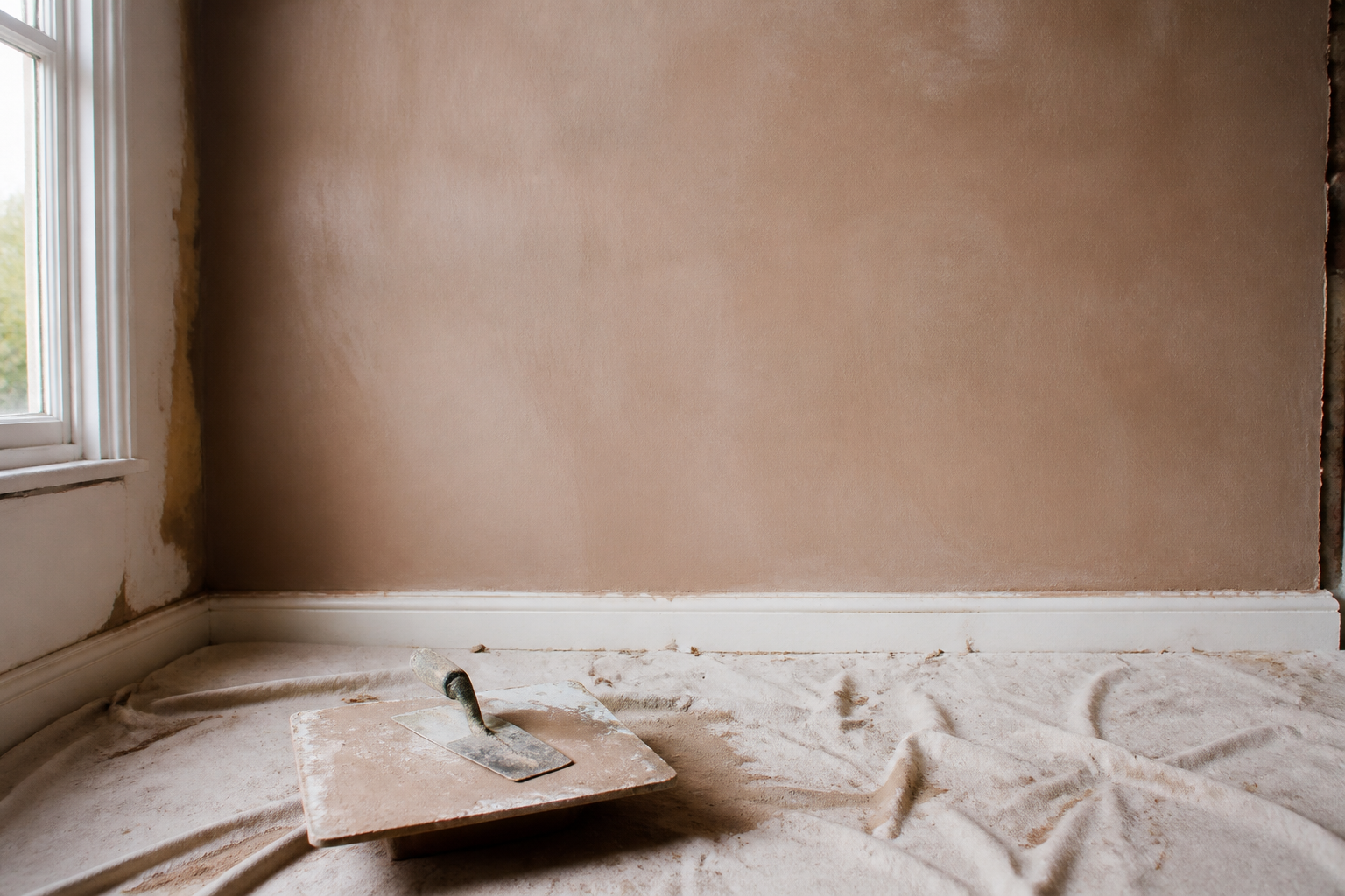 A freshly skimmed plaster wall with a hawk and trowel on a dust sheet