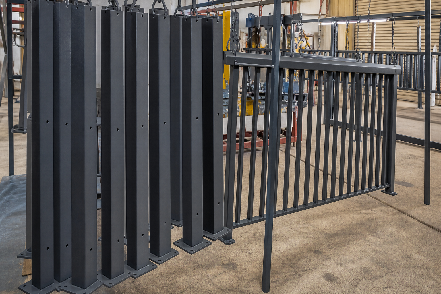 Freshly powder-coated metal posts hanging in an industrial booth