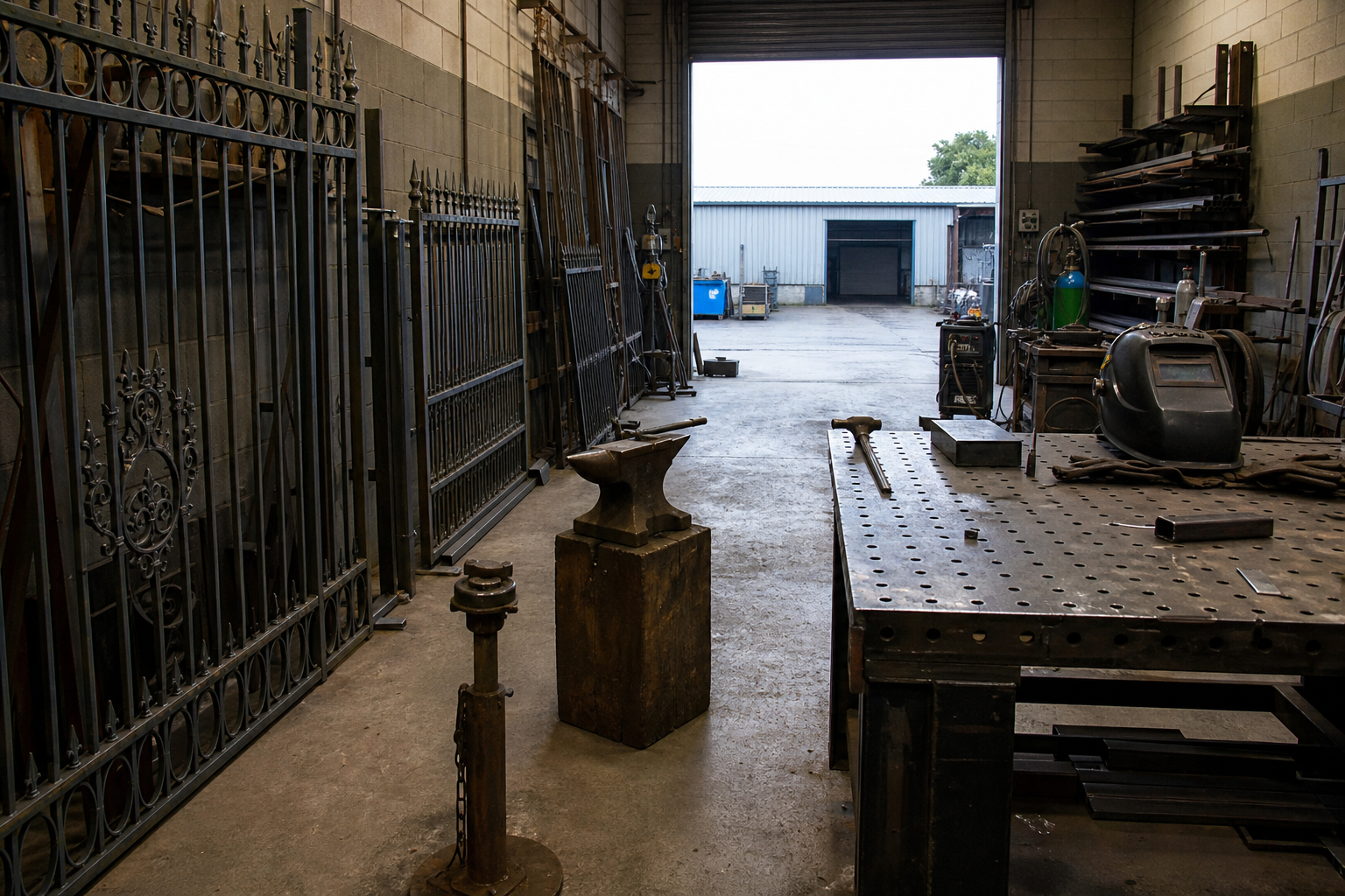 Ornate black gates and an anvil in a metalworking workshop