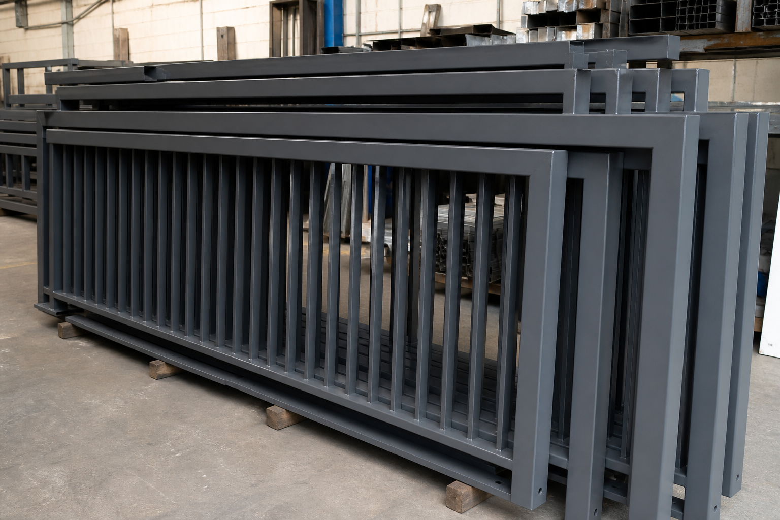 Powder-coated charcoal metal railing panels on a workshop floor