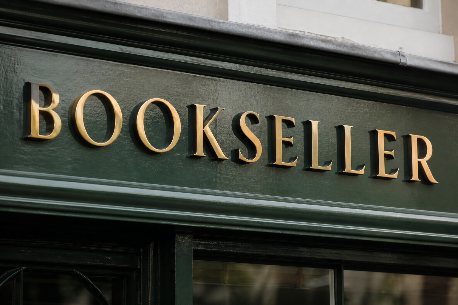 Raised gold BOOKSELLER letters on a dark green timber shop fascia